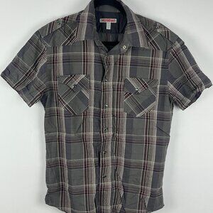 Red Squad Shirt Size M Brown Gray Button Down Short Sleeve Pockets 100% Cotton
